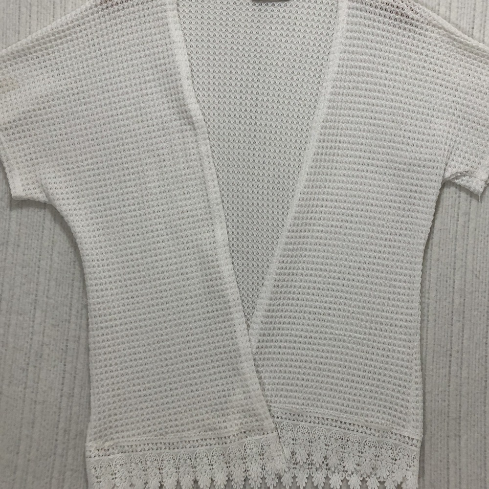 Agate White Open Knit Cardigan Short Sleeve Lace Trim Crochet Mesh Layering Top